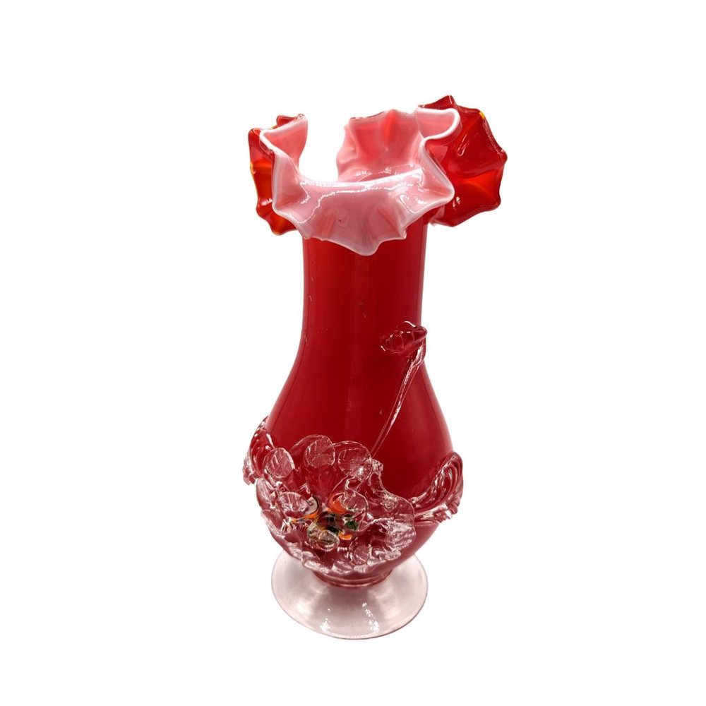 Old STEVENS & WILLIAMS Red Cased Hand Blown Applied Flower Art Glass VASE